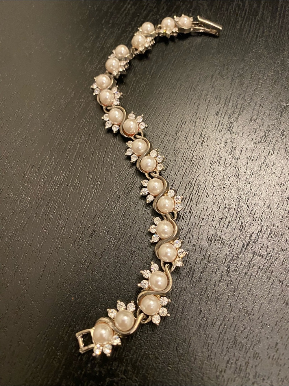 Vintage Silver-Toned Faux Pearl and Rhinestone Bracelet